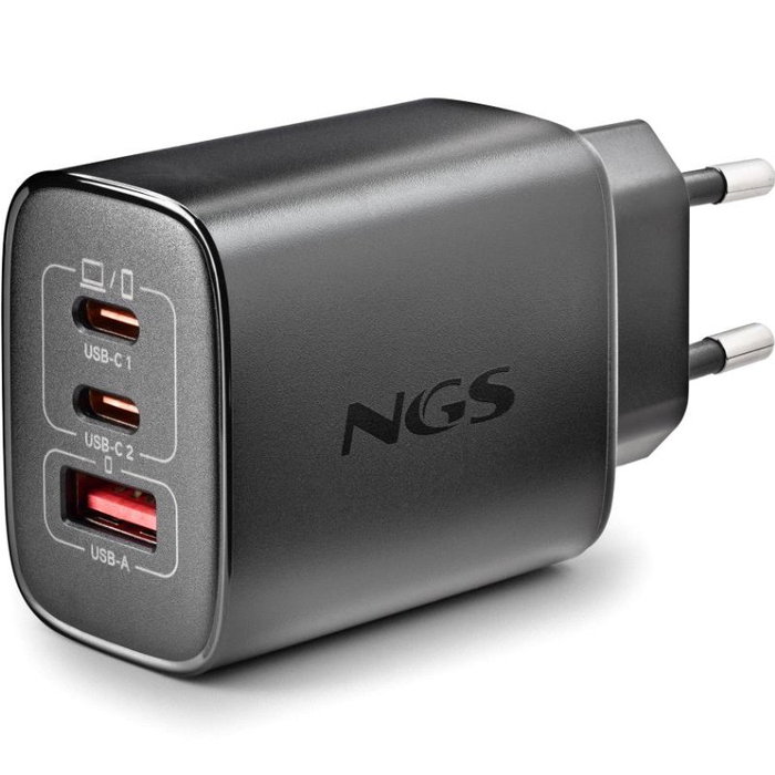 NGS Cargador de Pared GaN ERA 65W con 2 USB-C y 1 USB-A Negro